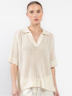 H&M Cream Open-Knit Crochet Polo Sweater